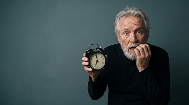 Anxious senior man with gray beard holding a black alarm clock and biting his fingernails in panic against a dark background