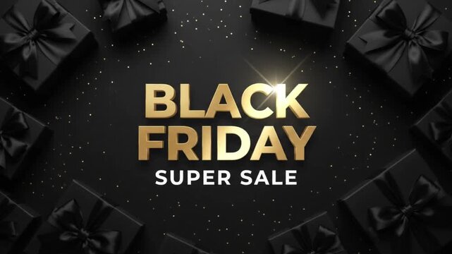 Black Friday sale with gift boxes, ribbons, and glitter on a dark background for commerce