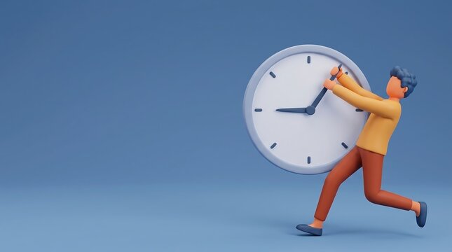 Person struggling with time management holding onto the hands of a large clock on a blue background