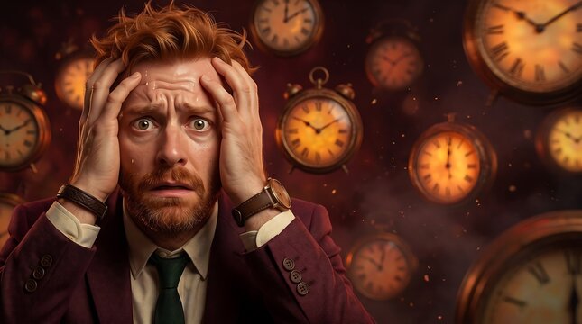 Stressed man clutching head while surrounded by numerous glowing floating analog clocks in a dark void representing fear of time