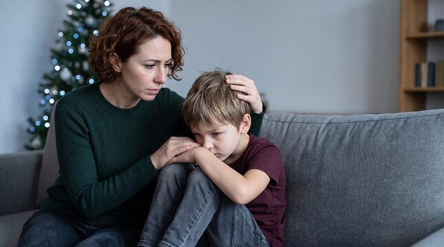 Concerned mother comforting a sad young boy sitting on a sofa in a living room with a Christmas tree in the background