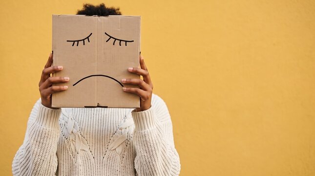 Person holding a cardboard box with a hand drawn sad face over their head against a yellow background