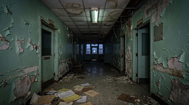 Abandoned Psychiatric Hospital Hallway with Peeling Paint and Scattered Medical Records