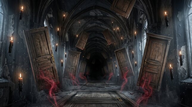 Surreal gothic corridor with floating wooden doors and glowing candles