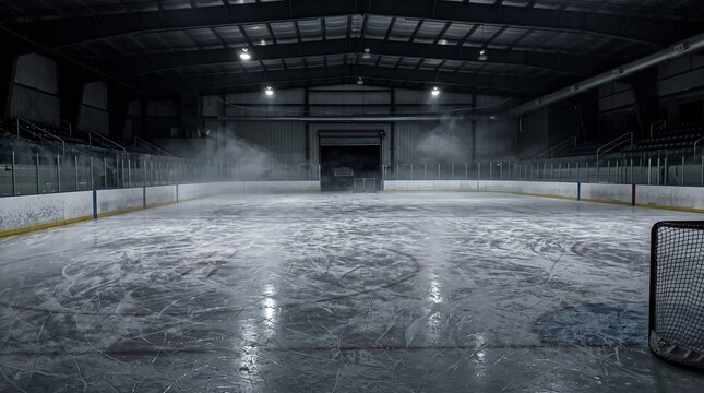 Empty indoor ice hockey rink with fog and scratched ice surface