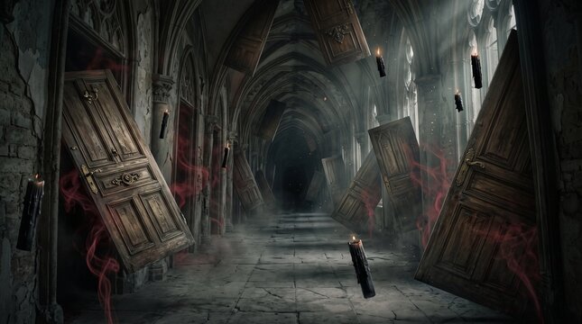 Surreal gothic corridor with floating wooden doors and black candles