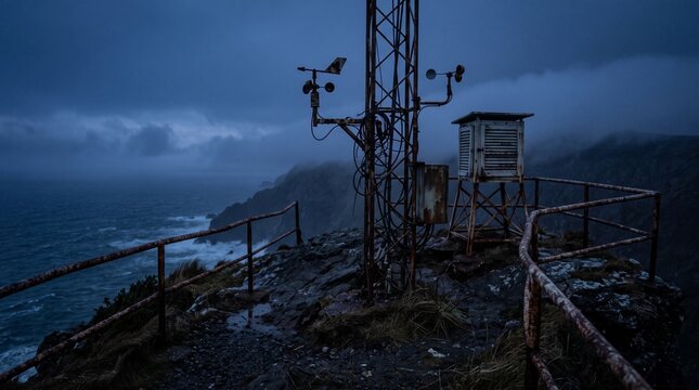 Weather station on a rugged coastal cliff during a stormy twilight