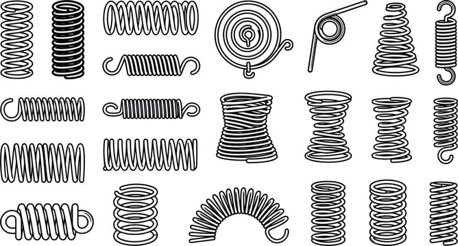 Metal spring and flexible coil wire icon set with mechanical steel hardware engineering suspension machinery line art vectors.