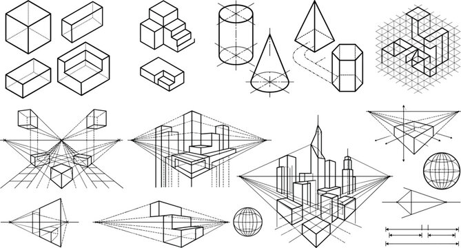 Geometric 3D shapes and perspective architectural drawing icon set with linear math blueprint engineering design line art vectors.