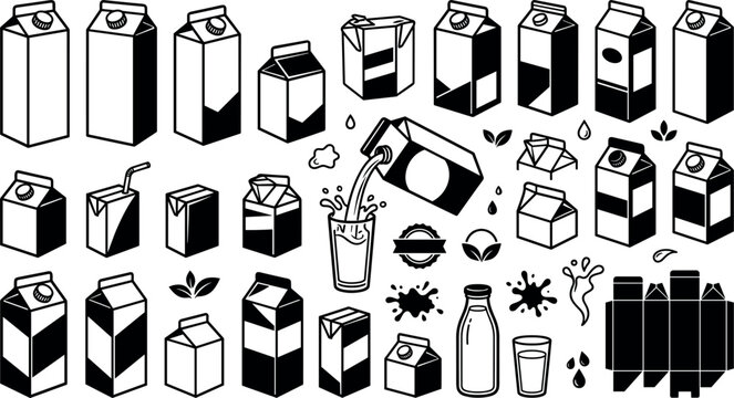Milk carton packaging and dairy drink icon set featuring juice box bottle splash solid black glyph vectors.
