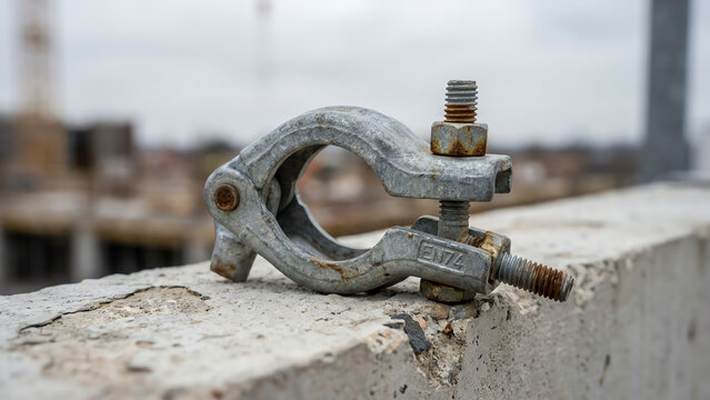 Un raccord d'&eacute;chafaudage en m&eacute;tal pos&eacute; sur un mur en b&eacute;ton sur un chantier.