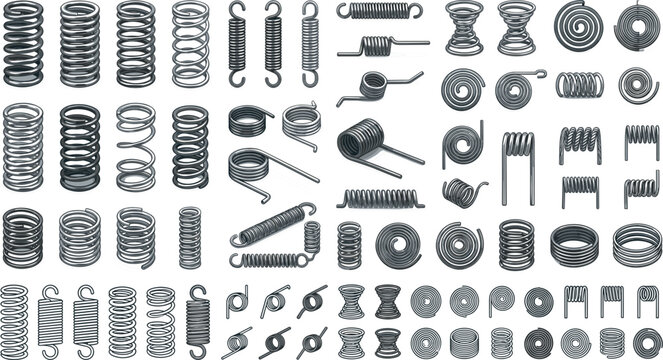 Metal spring and flexible coil wire icon set with mechanical steel hardware engineering machinery outline line art vectors.