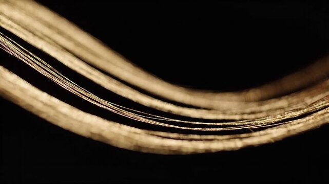 Macro shot of metallic gold threads stretched in graceful parallel curves against pitch black background
