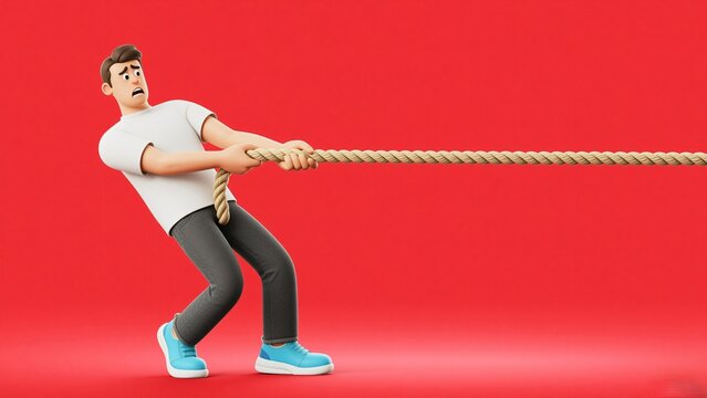 Tug of war concept with a stressed man pulling a rope against a solid