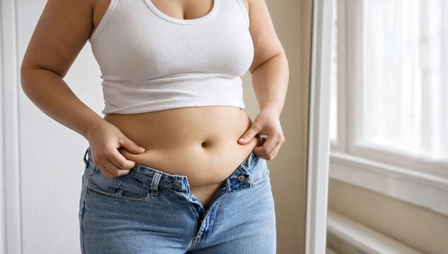 Body positivity woman touching belly fat wearing white tank top and