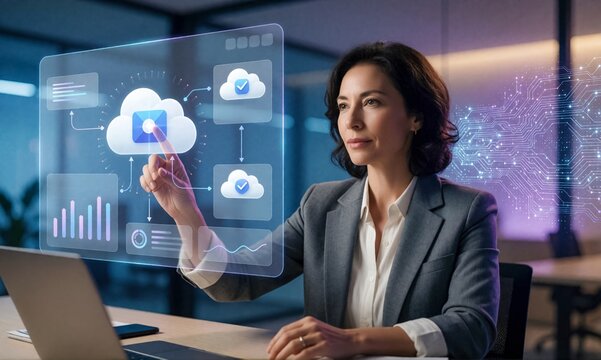 Business woman using cloud computing interface touching data icons on