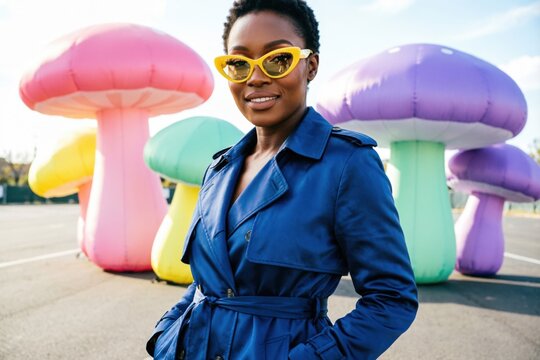 Una mujer negra segura de s&iacute; misma, vestida con una gabardina de sat&eacute;n azul cobalto y gafas de sol de estilo &laquo;ojo de gato&raquo; en color amarillo intenso, posa entre imponentes setas inflables