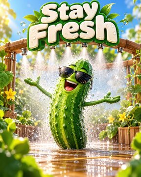 Cartoon cucumber character wearing sunglasses while enjoying a refreshing water spray under bright sunshine.