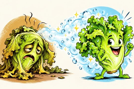 Wilted cabbage with brown withered leaves transforms into a vibrant green lettuce character through a refreshing magical breeze.