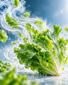 Fresh lettuce head catches a dynamic swirl of crystal water droplets and bright misty vapor.