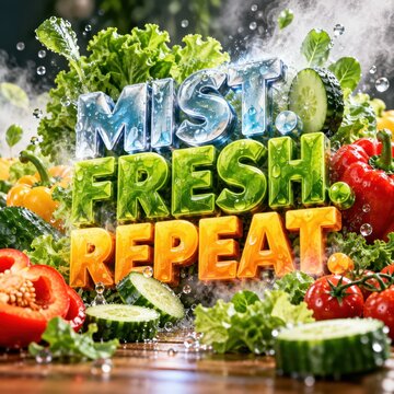 Mist fresh repeat typography stands proudly among vibrant vegetables, glossy red tomatoes, and dewy greens.