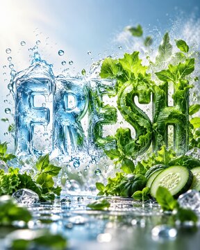 Fresh lettering sculpted from crystal ice sits amidst crisp green leaves and cascading water splashes.