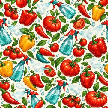 Vegetables pattern features vibrant red tomatoes, yellow bell peppers, and refreshing water spray in a bright design.