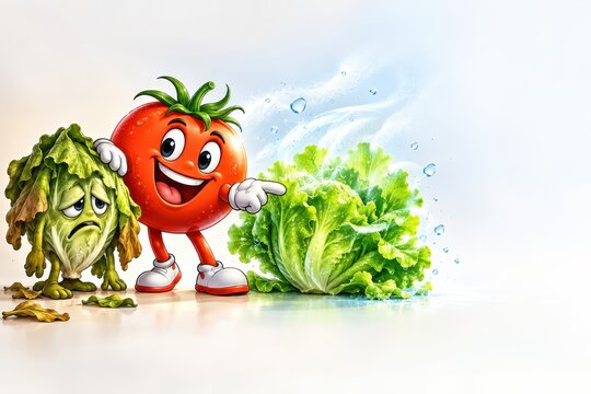 Cartoon tomato character points proudly at a fresh head of lettuce while standing next to a withered, sad leafy vegetable.
