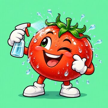 Cartoon tomato character sprays itself with water from a plastic bottle, displaying a happy expression against a solid green background.