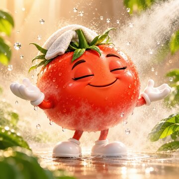 Cartoon tomato character enjoys a refreshing shower under warm golden sunlight, showcasing glossy red skin and sparkling water droplets.
