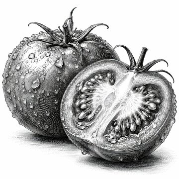 Tomato illustration featuring detailed monochrome pencil shading, glistening water droplets, and textured surfaces against a stark white background.