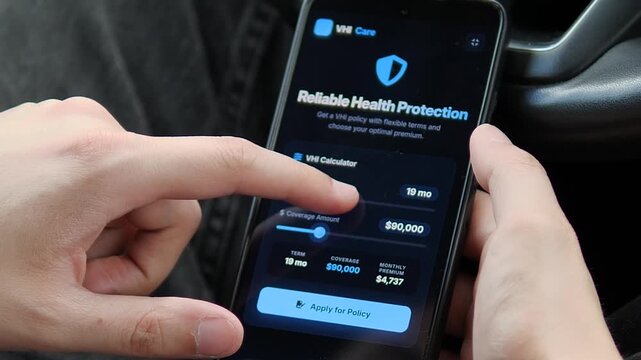 Person adjusts health insurance coverage and policy term on a smartphone, highlighting digital premium calculation, flexible protection and mobile-first insurance planning.