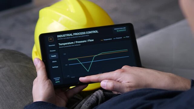 Industrial worker monitors production line trends on a tablet, analyzing temperature, pressure and flow data for process stability, automation and operational efficiency.