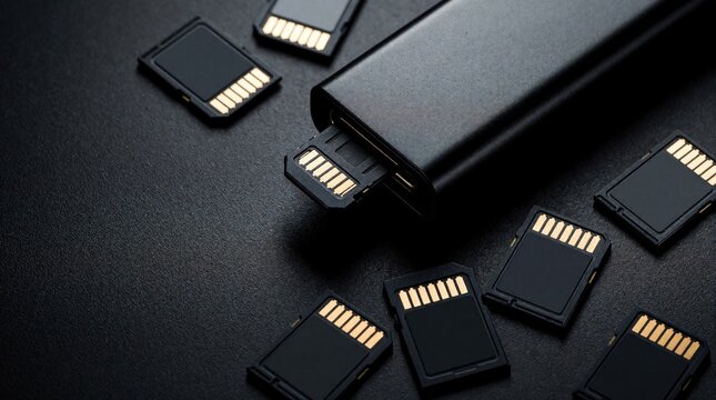 Black micro SD cards scattered around large memory card reader on dark surface. Digital storage devices for smartphone, camera, tablet. Electronic hardware components for data transfer, high speed