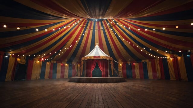 Interior of a circus tent with red, yellow, and blue striped fabric walls and a central performance stage