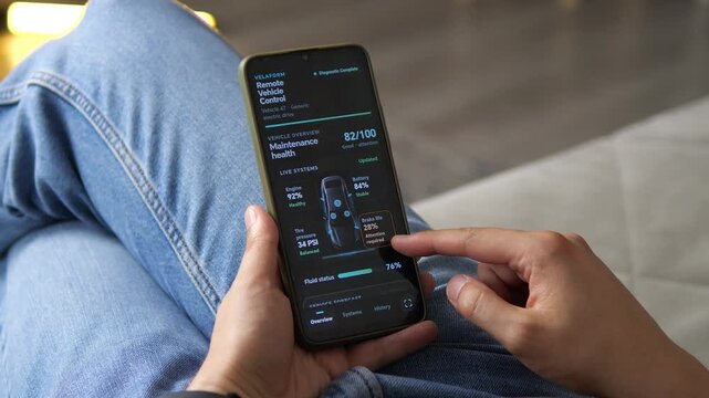 Person checks predictive vehicle diagnostics on a smartphone, revealing brake wear and an upcoming service recommendation as connected car maintenance becomes more proactive.