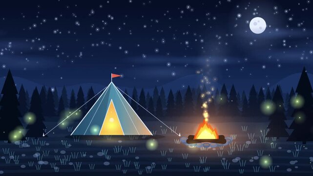 Camping tent and campfire at night 4K loop animation, starry sky, moon, pine forest and fireflies