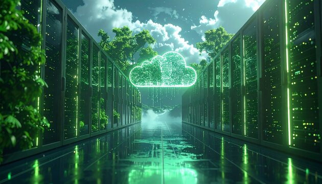 Eco-friendly glowing cloud computing icon in futuristic server room with lush greenery for sustainable technology and green data center marketing