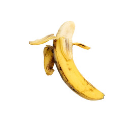 Partly peeled ripe yellow banana with spotted skin, isolated on a transparent background. Fresh tropical fruit shown floating in a simple studio style. © Mukta