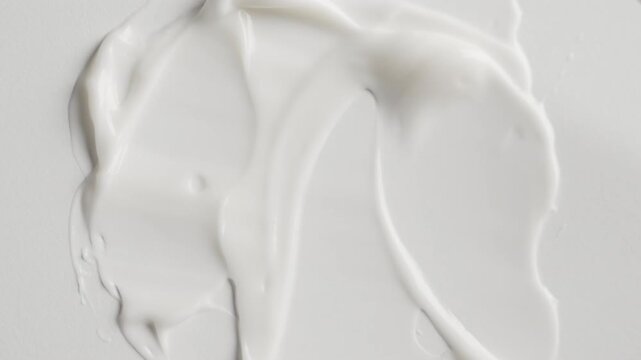 White cosmetic cream texture being spread with spatula on a white background creating a smooth smear