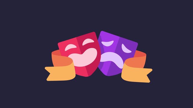 Vibrant comedy and tragedy theatre masks featuring a decorative ribbon and a shining star