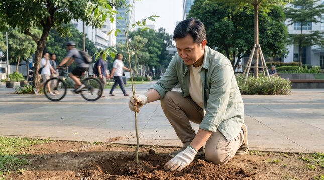An adult male volunteer kneels on the soil within a park pathway to carefully plant a young tree sapling into the ground while city residents walk and ride bicycles through the urban environment
