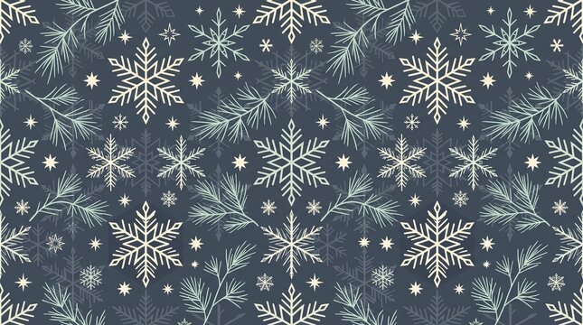 Seamless pattern featuring white snowflakes and pine branches on a dark blue winter background with snowflakes stylized evergreen repeating surface design