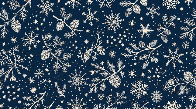 Seamless winter pattern featuring hand drawn pine branches cones and snowflakes on dark blue background with various snowflakes solid pattern design
