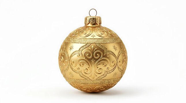 Shiny rose gold christmas ball ornament with floral pattern isolated on white background