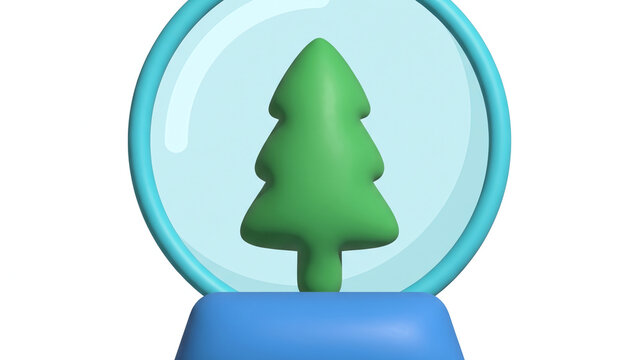 Eine stilisierte 3D Illustration einer Schneekugel mit einem gr&uuml;nen Weihnachtsbaum im Inneren.