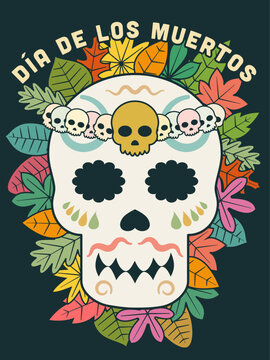 Dia de los Muertos poster with sugar skull and leaves on dark teal