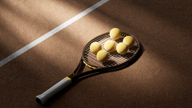 Old wooden tennis racket with several fuzzy tennis balls on clay court under dramatic side light casting textured shadows across surface, close view focusing on equipment arrangement and texture