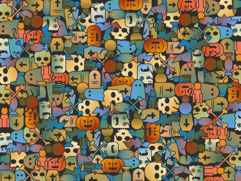 Muted multicolor Halloween icon background with pumpkins, skulls, monsters and ghosts