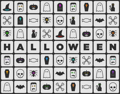 Minimalist Halloween text with black icons on light gray tile grid